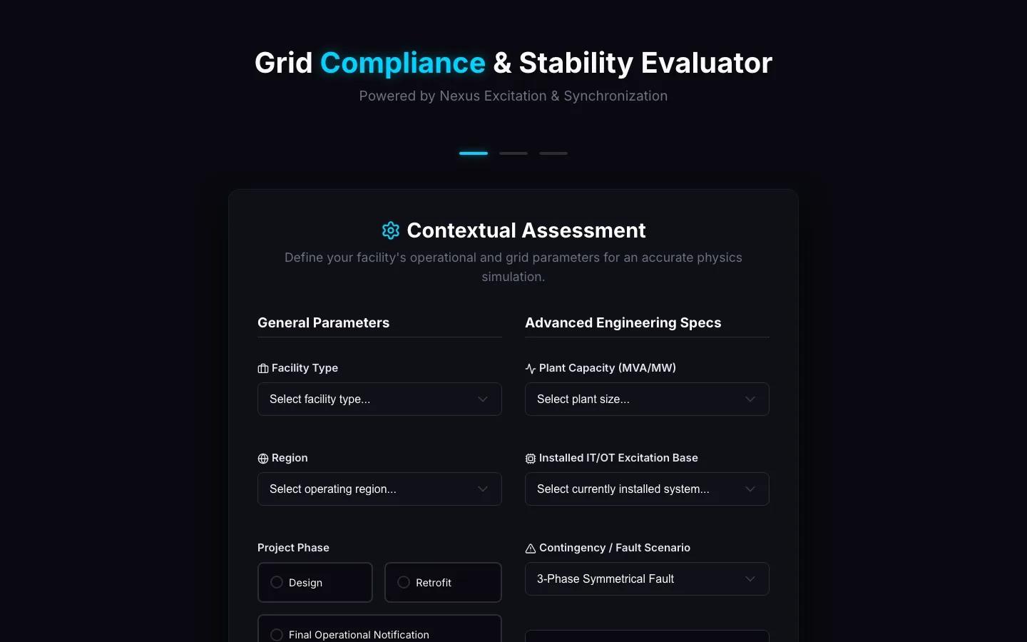 Screenshot of the grid compliance and stability evaluator with contextual assessment forms for power systems engineering