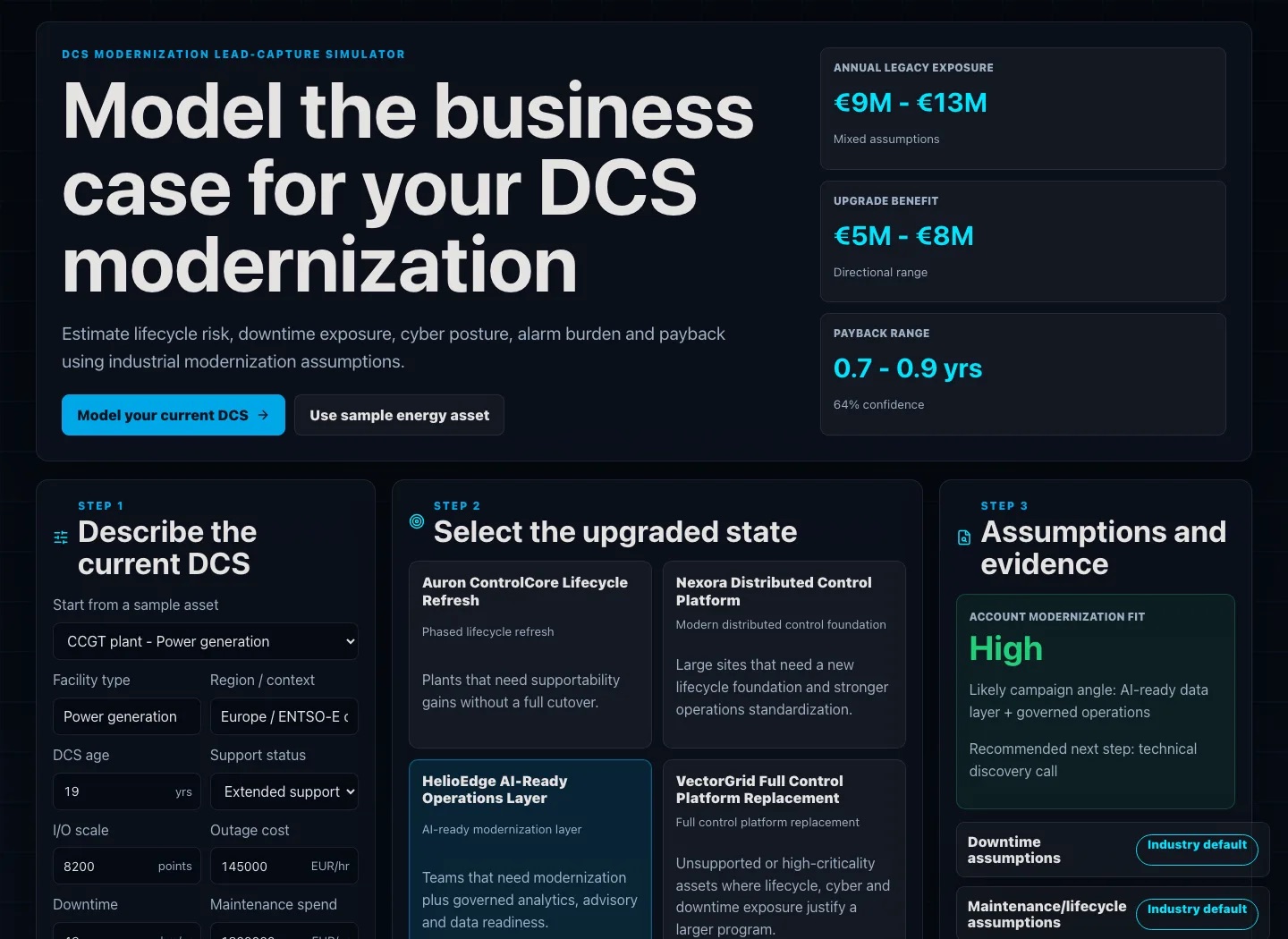 Screenshot of the DCS Modernization Twin showing legacy exposure, upgrade benefit, payback range, DCS inputs, modernization options, and business-case outputs