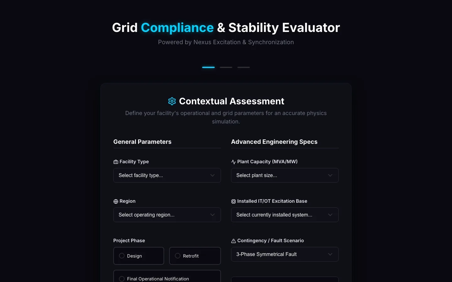 Screenshot of the grid compliance and stability evaluator with contextual assessment forms for power systems engineering