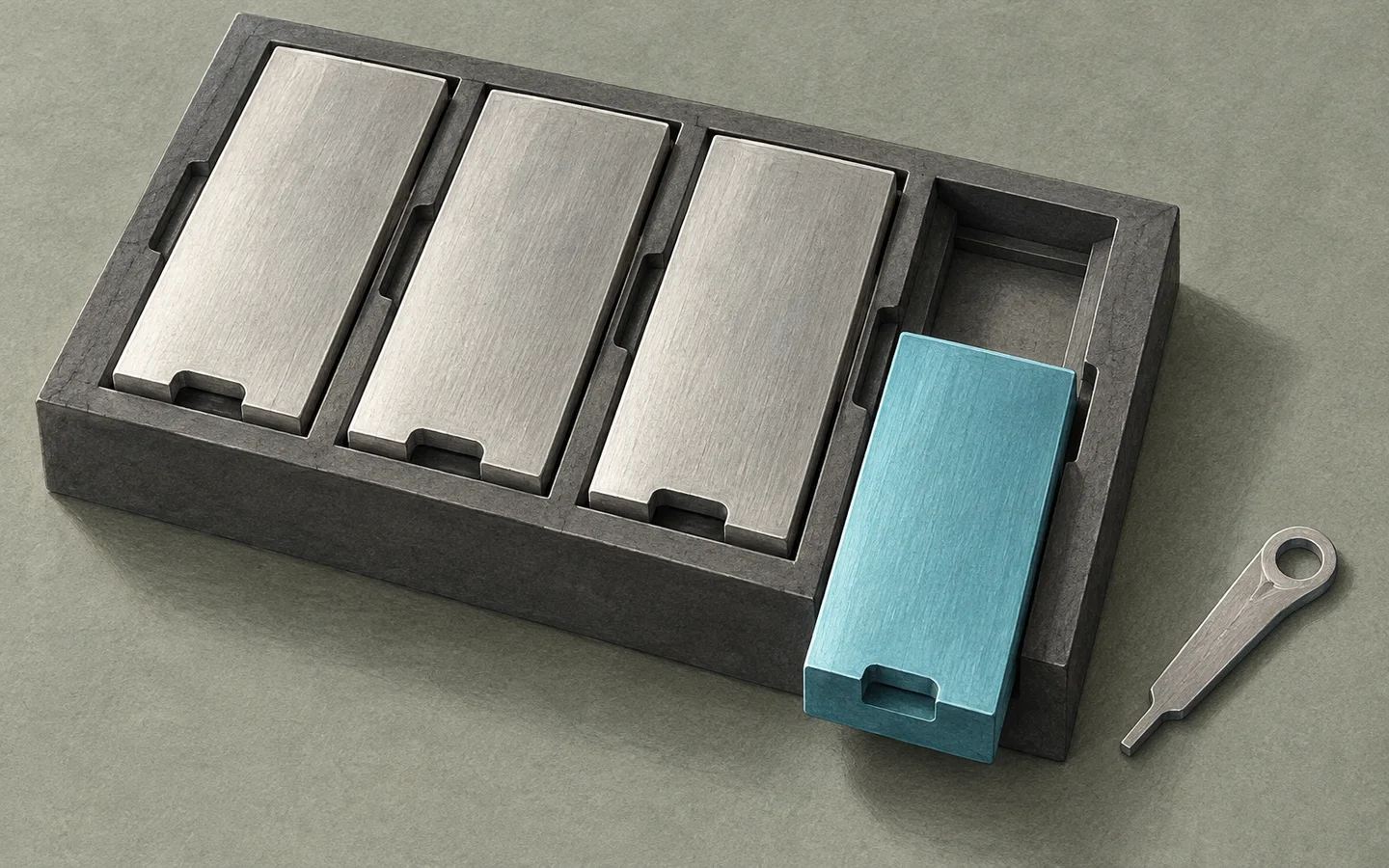 Editorial illustration. One replaceable module slides out of a larger system: changing the part that causes the constraint.