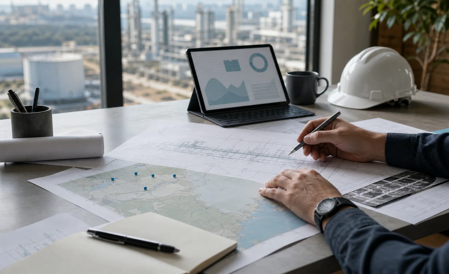 Industrial market intelligence desk with project plans, source documents, and opportunity maps